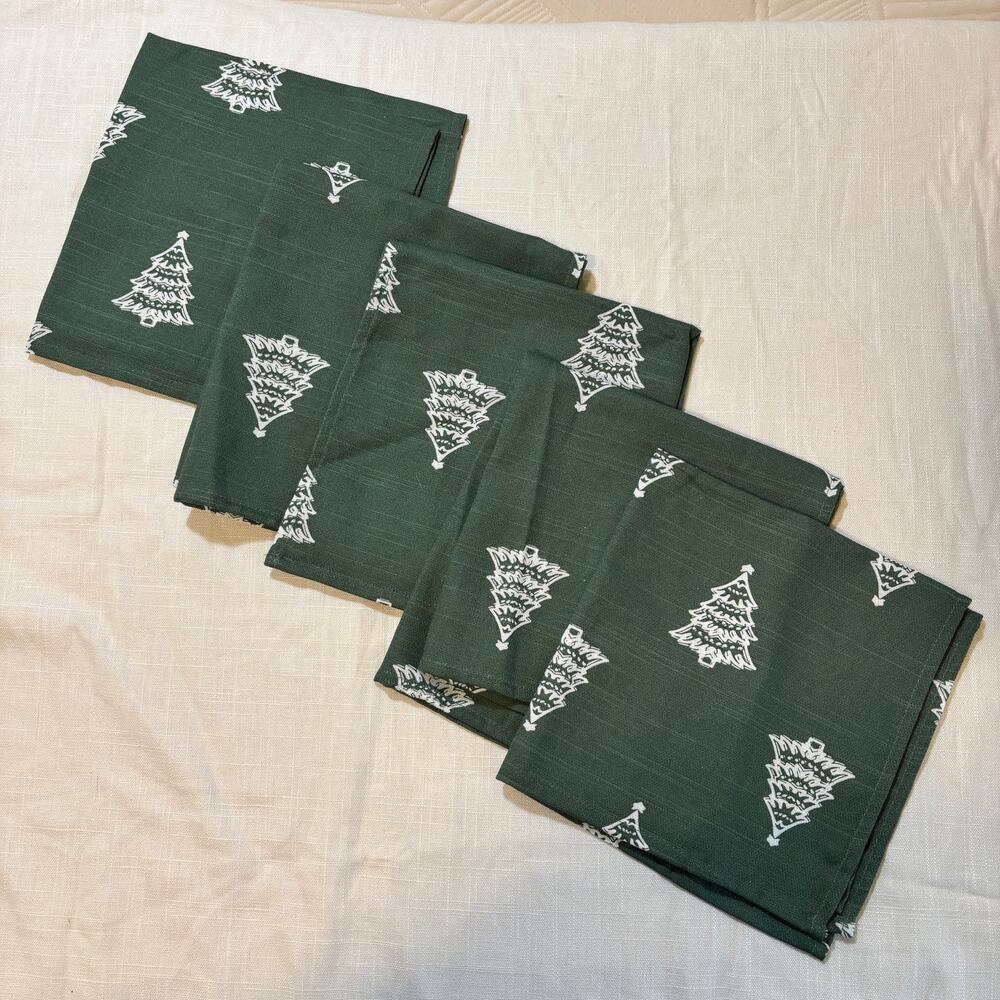 Huntington Home Christmas Cloth Napkins Set 5 Green Tree 100% Cotton 17x17